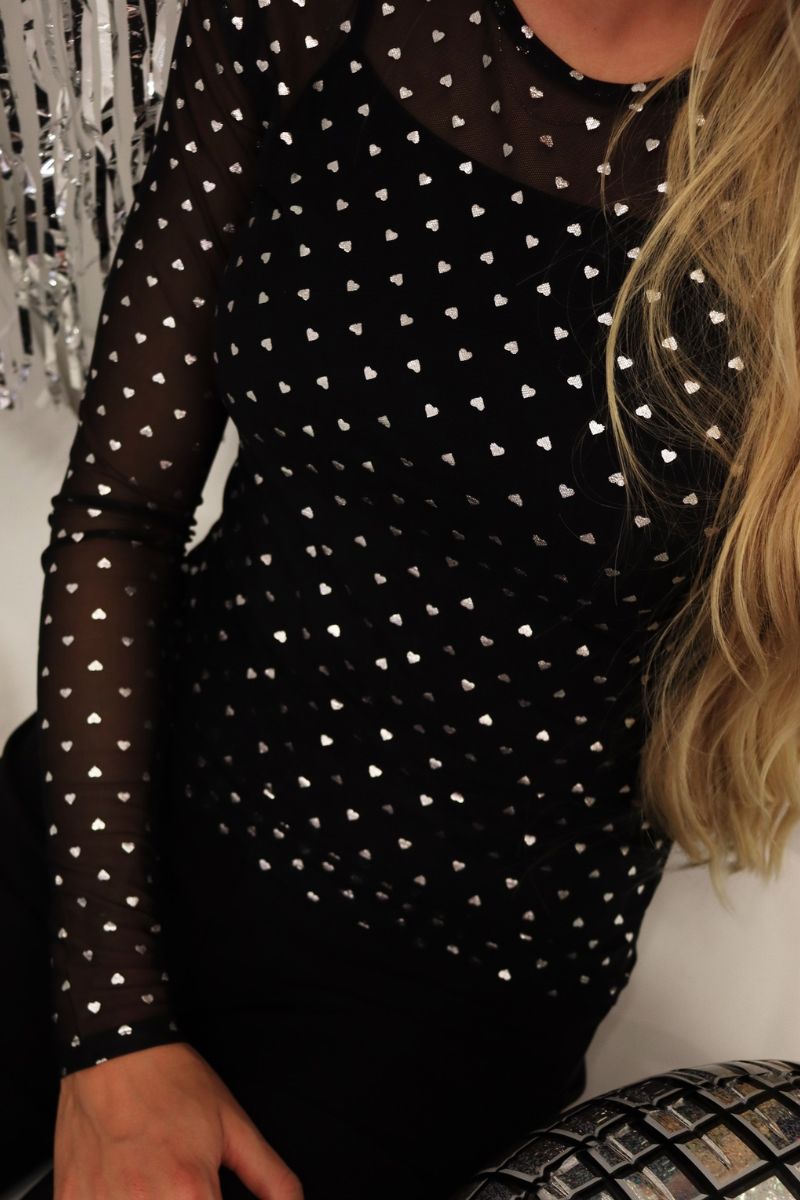 Mesh Ls Sparkle Tshirt | Black Silver Heart | Liberté
